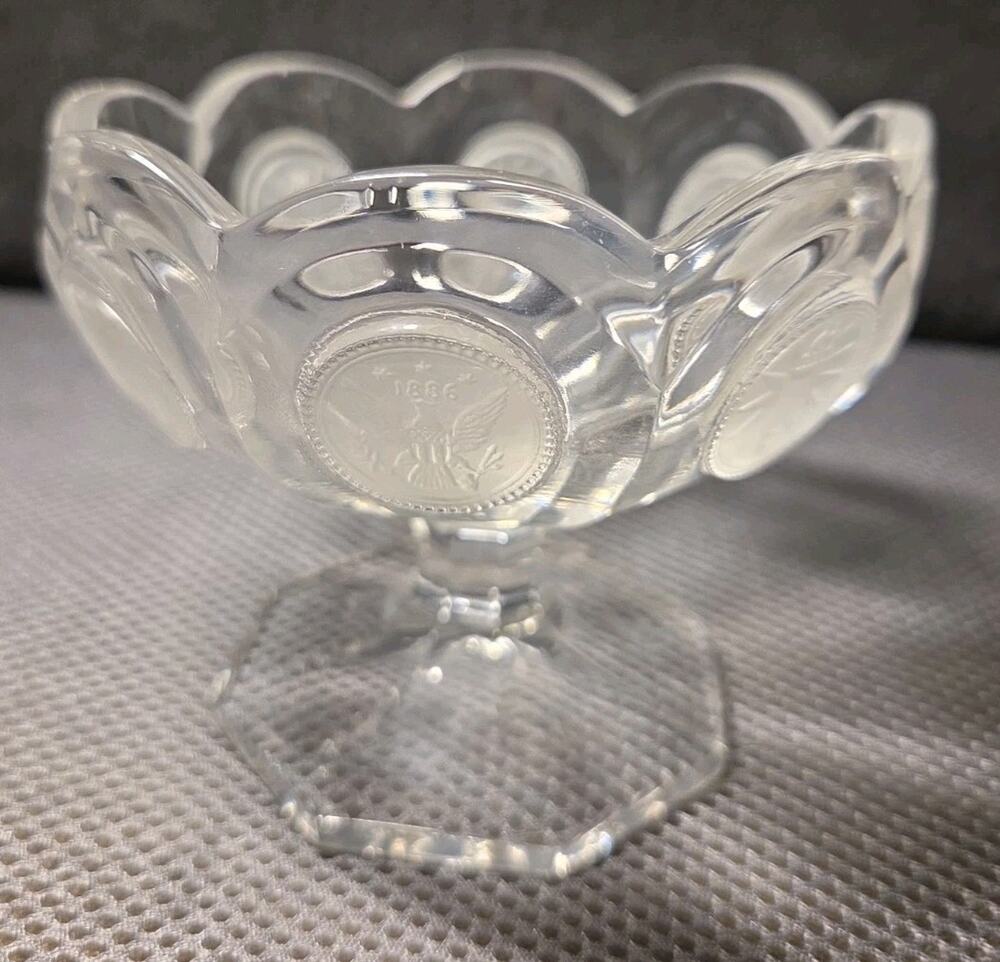 Vintage 1970's Fostoria Glass Coin Pattern Compote Clear with Frosted Coins 4"